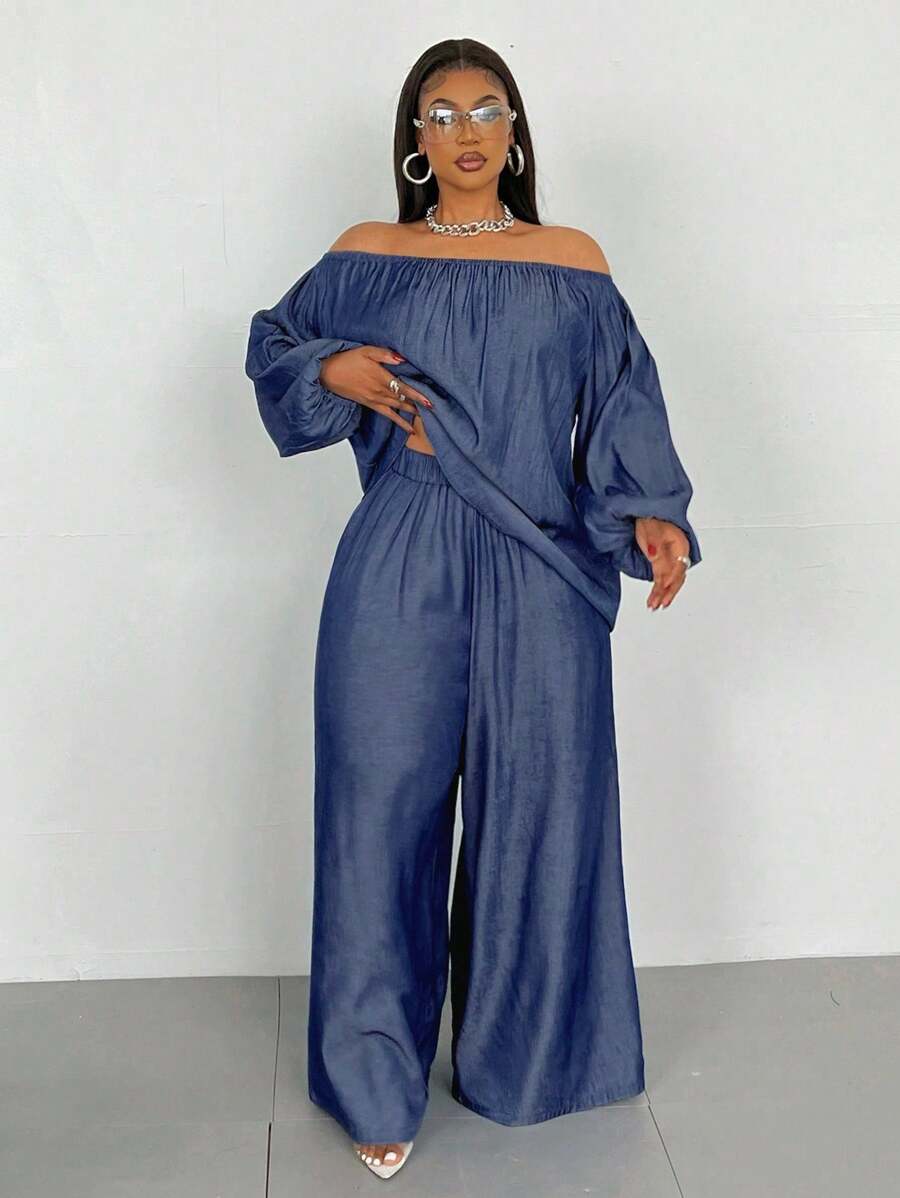 Maweii 2 件套大码纯色露肩长袖简约上衣和裤子套装 - 藏蓝色 - 查看 1