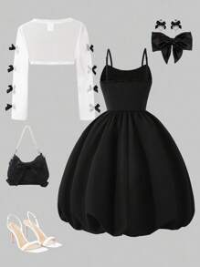 SHEIN ChillGRL 青少年女孩蝴蝶结网眼衬衫和蝴蝶结系带泡泡袖多层连衣裙两件套 - 黑色 - 查看 2