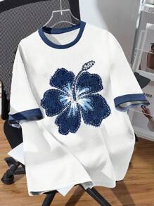 SHEIN EZwear Casual Floral Print Round Neck Loose Fit Plus Size Women T-Shirt, Cute Style Suitable For Summer, Beach Vacation, Graduation Season, Y2K,Back To School Suitable For Going Out