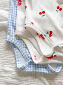 3pcs/Set Newborn Baby Girl Cute Knitted Plaid & Floral Pattern Strap Bodysuit For Summer Print - Multicolor - View 5
