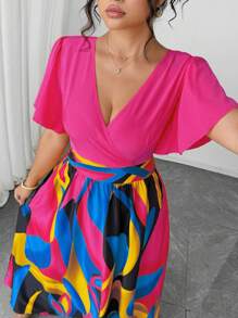 Elenzga Plus Size Women's Spring & Summer Bohemian Beach Resort Casual Travel Style High-End Colorful Asymmetrical Geometric Pattern Print Fashion Gorgeous Sexy Round Neck Ruffle Sleeve Maxi Dress - Multicolor - View 5