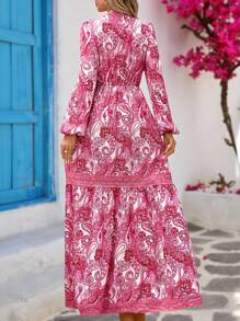 Vivid Eden 女士度假腰果花印花深V领灯笼袖连衣裙 - 粉色 - 查看 4