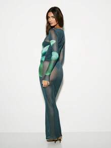 KIZN Đầm Maxi Lưới In Hoa Lan Tay Dài Dài Đến Sàn Đầm Dạ Hội Ôm Sát Thiết Kế Thực Vật Lớp Phủ Trong Suốt Cho Những Dịp Đặc Biệt Ôm Sát Đầm Dự Tiệc Cưới Mùa Xuân Hè - Màu xanh lá cây đậm - Xem 2