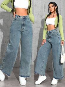SHEIN ICON Vaqueros rectos de pierna con lavado de borde casual - Azul lavado oscuro - Ver 6