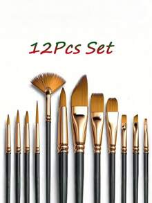 Bộ 12 cọ vẽ cho tranh sơn dầu màu nước, Bộ cọ vẽ chuyên nghiệp cho tranh sơn dầu, Acrylic, Canvas, Gouache - màu đen - Xem 1