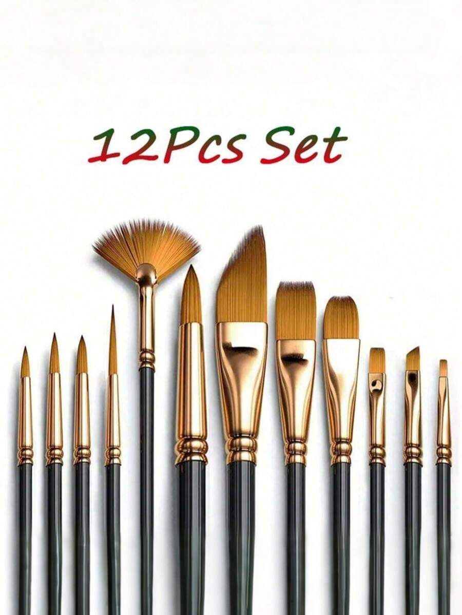 Bộ 12 cọ vẽ cho tranh sơn dầu màu nước, Bộ cọ vẽ chuyên nghiệp cho tranh sơn dầu, Acrylic, Canvas, Gouache - màu đen - Xem 1