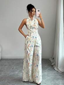 Rafferiza Damen Urlaubsoverall mit Blume Muster und Trägerhals, ärmellos - Aprikosenfarben - Übersicht 1