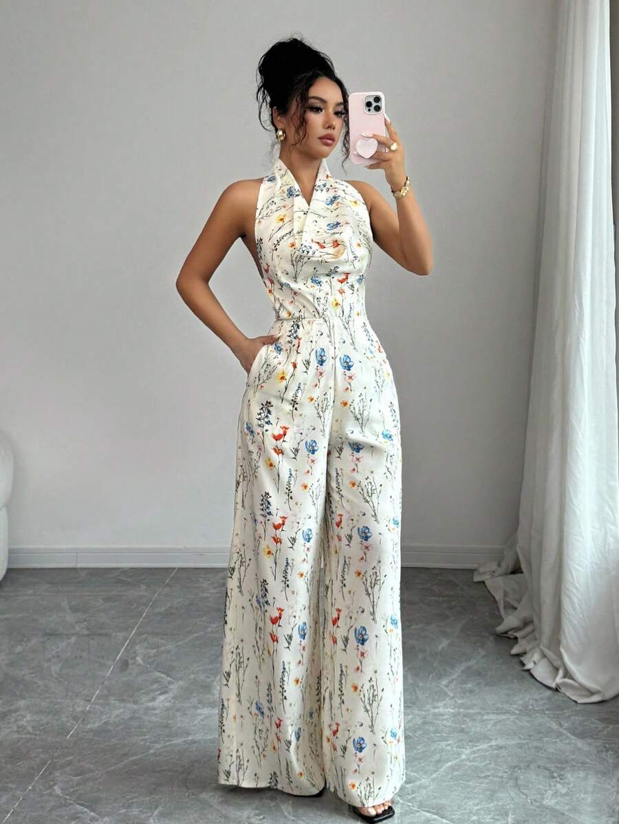 Rafferiza Damen Urlaubsoverall mit Blume Muster und Trägerhals, ärmellos - Aprikosenfarben - Übersicht 1