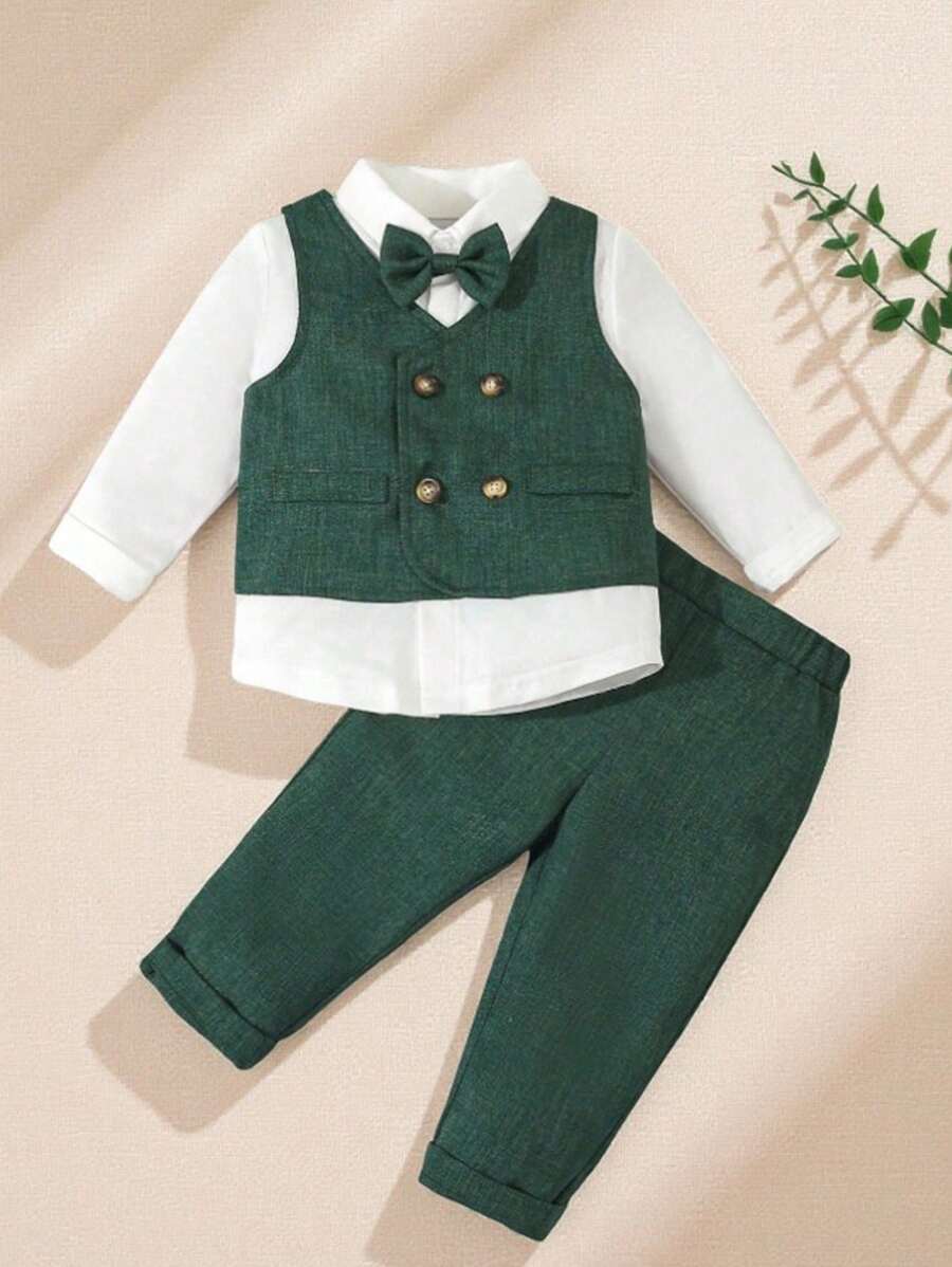 SHEIN 男婴 3 件套绅士服装套装：蝴蝶结衬衫 + 双排扣背心 + 裤子，时尚适合派对、生日、婚礼、洗礼 - 墨綠色 - 查看 1