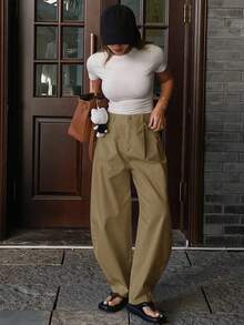 DAZY 女士纯色宽松哈伦裤，带口袋，休闲春夏长裤 - 咖啡棕 - 查看 5