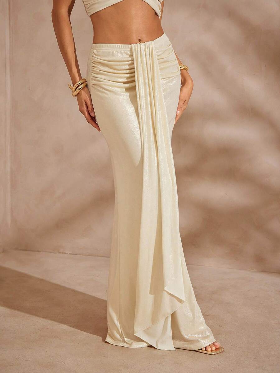 Hauture 性感夏日假期锡箔液体凝胶腰带褶饰美人鱼长裙 - 杏色 - 查看 1