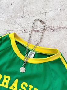 SHEIN 青少年女孩休闲撞色字母和旗帜印花短款修身上衣，适合春夏运动比赛 - 綠色 - 查看 3