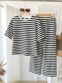 SHEIN 青少年女孩宽松休闲舒适新款条纹T恤和裤子两件套 - 黃色 - 查看 5