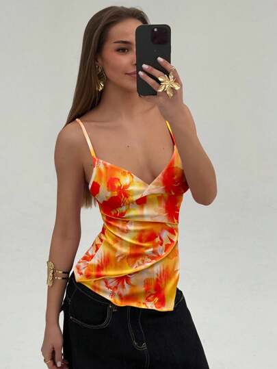 Aloruh Women's Elegant Orange And Yellow Tie-Dye Hibiscus Print Camisole,Summer Boho Vacation Holiday Y2K Top,Tropical Beach Party Vacation Tops