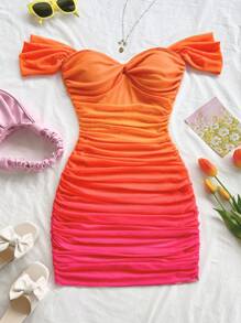 Soleia Váy bó sát hở vai in họa tiết hoàng hôn chuyển màu dành cho nữ, váy ngắn hở lưng hở lưng dây mảnh, thích hợp cho ngày lễ, hẹn hò, trà chiều, mùa cưới, bãi biển, du ngoạn, kỳ nghỉ thành phố, kỳ nghỉ theo phong cách Boho, lễ hội âm nhạc - trái cam - Xem 4