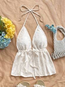 Soleia Débardeur décontracté blanc texturé avec cœur romantique, dos nu, convenant pour les vacances, le thé de l'après-midi, la saison des mariages, les fêtes, la plage, les vacances de printemps/été, les croisières, les festivals de musique, le style bohème - Beige - Voir 1