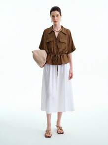 Aalyst Women's French Elegant Minimalist Commuting Office Casual Vacation Comfortable Tea Time Music Festival Beer Festival Plain Linen-Like Collared V-Neck Front Open Waist Drawstring Metal Buckle Decoration Bowknot Dolman Sleeve Cuff Turnover Hem Short Sleeve Crop Top, Coffee