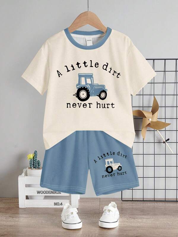 SHEIN 2pcs Baby Boy Casual Simple Round Neck Short Sleeve T-Shirt And Shorts Set, Suitable For Summer Tractor Baby Clothes Baby Boy Summer Clothes Baby Farm Clothes Baby Boy Clothes Cute Baby Boy Sets