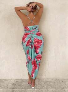SHEIN BAE Robe d'été à bretelles avec imprimé floral, froncée sur les côtés et fente à l'ourlet, ajustée et sexy, pour femmes grandes tailles
