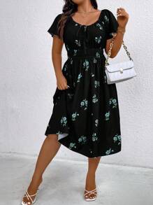 Flirla Plus Size Women Floral Print Drawstring Elastic Waist Dress - Black - View 6