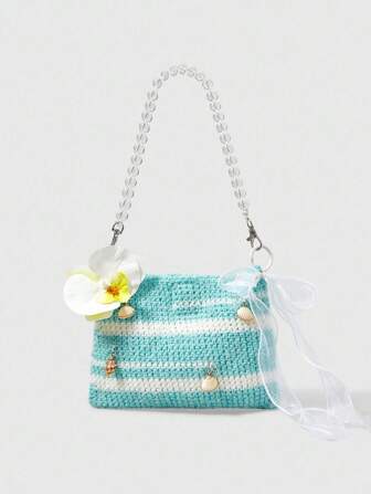 Fairycore Bolso de tela trenzada con decoración de flor 3D para mujer, ideal para vacaciones y uso casual