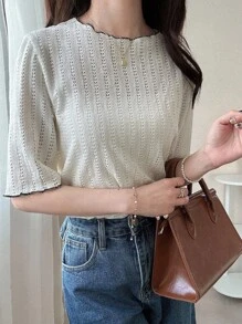 FRIFUL Women's Mesh Hollow Contrast Color Frill Trim Relaxed Fit Casual Cute Loose Short Sleeve T-Shirt, Spring/Summer Eyelet Top Summer Tops Short Sleeve Tops Knit Tops Women Tops - Beige - View 1