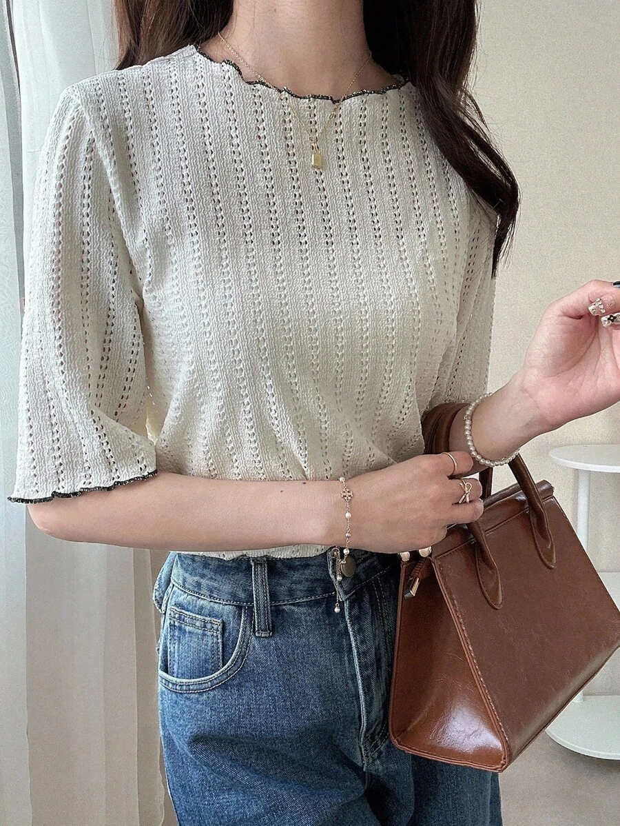 FRIFUL Women's Mesh Hollow Contrast Color Frill Trim Relaxed Fit Casual Cute Loose Short Sleeve T-Shirt, Spring/Summer Eyelet Top Summer Tops Short Sleeve Tops Knit Tops Women Tops - Beige - View 1