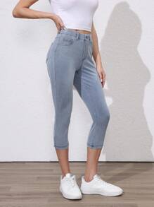 SHEIN Essnce Relaxed Fit Cropped Washed Denim Jeans - Blue - View 4
