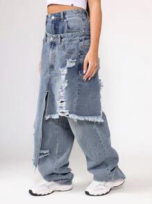 SUMWON Distressed Denim Wide Leg Jeans Baggy Ripped Y2K Double Waistband Frayed Hem Vintage Inspired Festival Streetwear Boyfriend Style Fall Winter - Blue - View 4