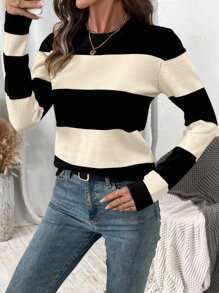 SHEIN Tall Áo len dệt kim kẻ sọc dày thời trang giản dị sang trọng đa năng cho kỳ nghỉ lễ của phụ nữ, mùa xuân/thu/đông - Nhiều màu - Xem 3