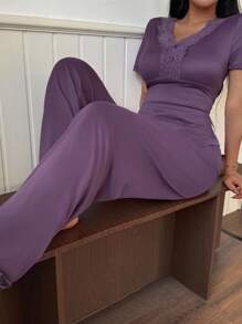 SHEIN 1 Bộ đồ ngủ tay ngắn cổ chữ V phối ren cho nữ - Màu tím - Xem 4