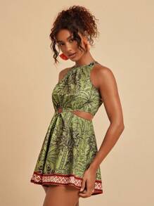Travachic 女士热带印花露背连体衣，度假风格 - 綠色 - 查看 4