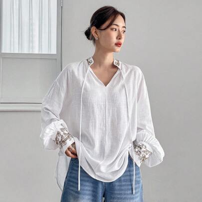 여성용 봄/여름 루즈핏 캐주얼 리조트 보헤미안 스타일 플로럴 자수 긴팔 커버업 스탠드 칼라 및 끈 장식, 비즈니스 캐주얼 여성 직장 의류