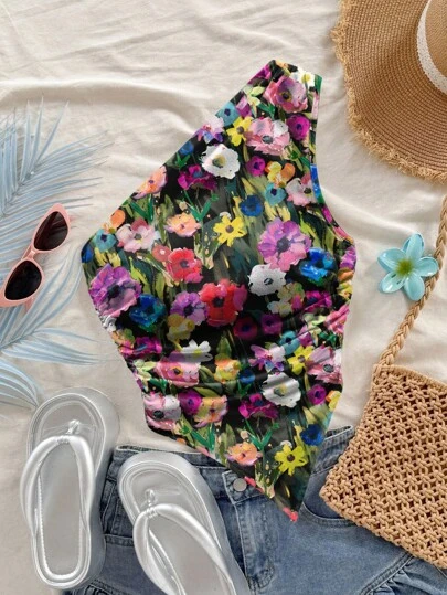 Soleia 女士休闲花卉图案短款修身一字肩上衣，适合夏季度假