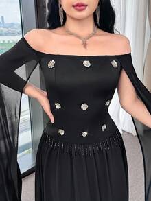 Modelyn Women's Elegant Slim Fit Waist Cutout Off-Shoulder Long Dress - Black - View 6