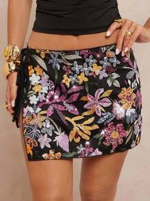 Lumalex Fall Modest Old Money Coquette Glitter Holiday Party Rave Festival Outing Swim Vacation Bohemian BOHO Sea Beach Hot Outdoor Richly Layered Wedding Season Banquet Coming Of Age Ceremony Beach Seaside Floral Beaded Sequins Embroidered Low Waist Tie-Up Mini Skirt