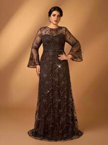 Serin 优雅浪漫咖啡色圆领长袖透视奢华刺绣珍珠和水钻装饰美人鱼下摆新娘妈妈礼服，加大码 - 咖啡棕 - 查看 8