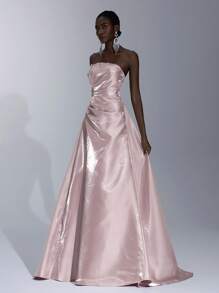 Elitara Minimalist Futuristic Liquid Satin Pleated A-Line Hem Banquet Dress, Light Dress, Formal Dress - Dusty Pink - View 5