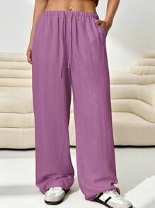 SHEIN EZwear 女士加大码宽松梭织休闲长裤，紫丁香色 - 紫丁香色 - 查看 1