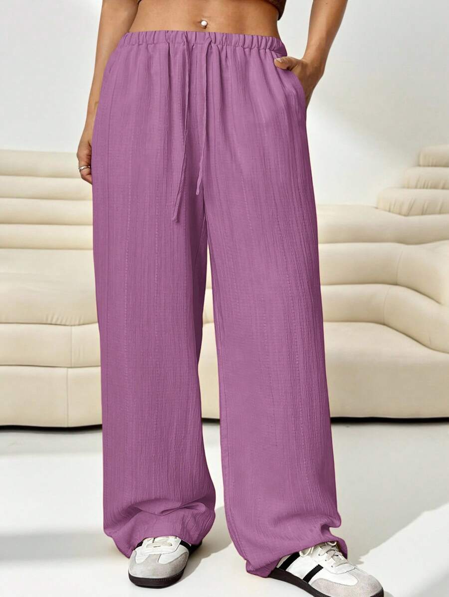 SHEIN EZwear 女士加大码宽松梭织休闲长裤，紫丁香色 - 紫丁香色 - 查看 1