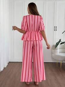 Vionelle Plus Size Pink Striped Bowknot Short Sleeve 2 Pieces Set - Pink - View 2