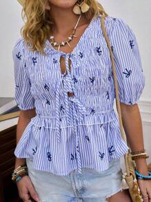 SHEIN LUNE بلوزة قصيرة الأكمام مع كشكش في الأطراف مطبوعة بشريط منسوج وسحاب، مناسبة للارتداء اليومي والخارجي والإجازات والريف - متعدد الألوان - مشاهدة 7