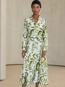Aveloria Modichic Elegant Olive Green Floral Print Linen Dress For Women,Autumn Tea Party Holiday Bohemian Style,Long Sleeve Button Front Waist Tie Bamboo Nodes Dress - Multicolor - View 5