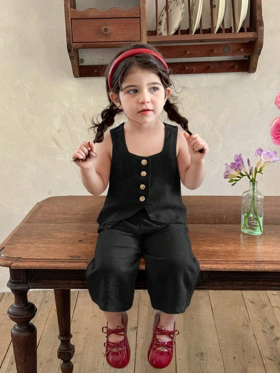 LMoss Kids LMoss 女婴两件套,梭织纯色方领上衣和宽松休闲裤,黑色套装,适合2-3岁女童,黑色女婴服装 - 黑色 - 查看 1