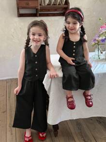LMoss Kids LMoss 女婴两件套，梭织纯色方领上衣和宽松休闲裤，黑色套装，适合2-3岁女童，黑色女婴服装 - 黑色 - 查看 9