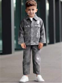 SHEIN 2pcs Young Boy Jacket And Straight Leg Jeans Set, Suitable For 4-7 Years Old, Casual Outfit For School, Party And Other Occasions In Autumn And Winter - Multicolor - View 7