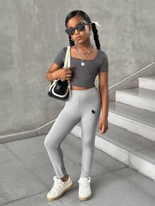 SHEIN Tween flickor enfärgade stickade casualbyxor, vardagskläder - Grå - Visa 5