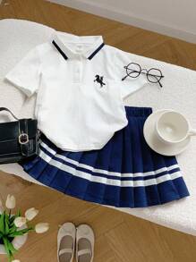 2pcs/Set Young Girl Polo Collar Casual T-Shirt And Pleated Skirt Outfit For School - Multicolor - View 5