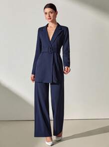 CLARA VERO 2pcs Women's Casual/Work Wear Simple Long Sleeve Top & Wide Leg Pants Set - Navy Blue - View 6