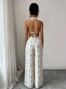 Rafferiza Damen Urlaubsoverall mit Blume Muster und Trägerhals, ärmellos - Aprikosenfarben - Übersicht 2